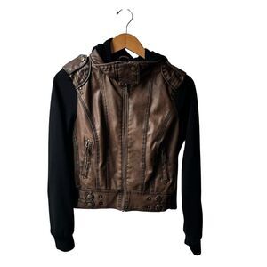 Full Tilt brown/black pleather/knit hoodie moto jacket Boys Size Large